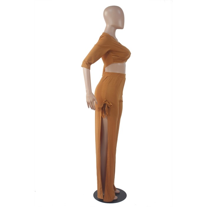 Solid Color Sexy Wrapped Crop Top and Slit Pants