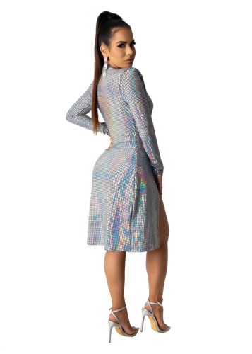 Deep-V Sequins Slit Long Sleeve Club Dress