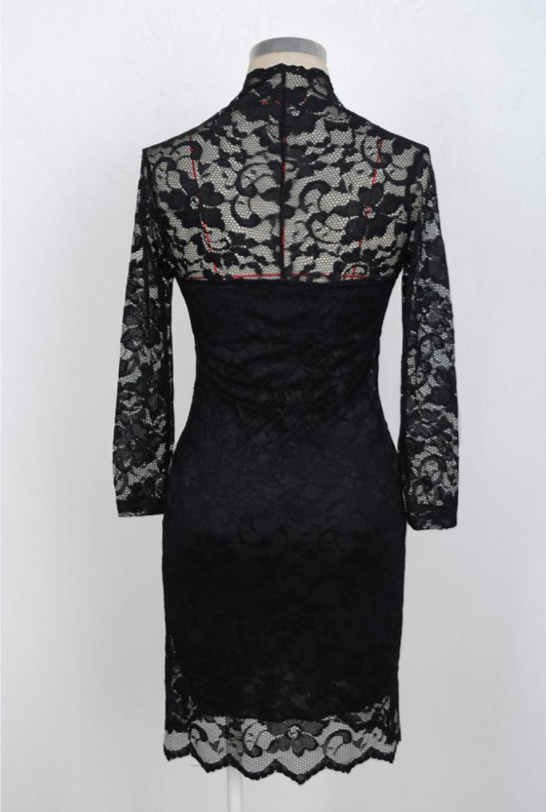 Black Lace V-Neck Midi Dress with 3/4 Sleeves