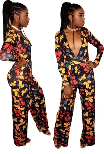 Floral Print Deep-V Jumpsuit with Sleeves