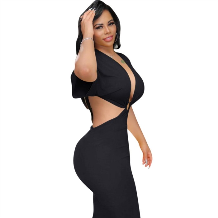 Solid Color Deep-V O-Ring Long Party Dress