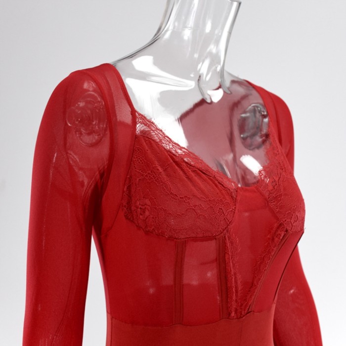 Sexy Lace Patchwork Bodycon Rompers with Mesh Sleeves