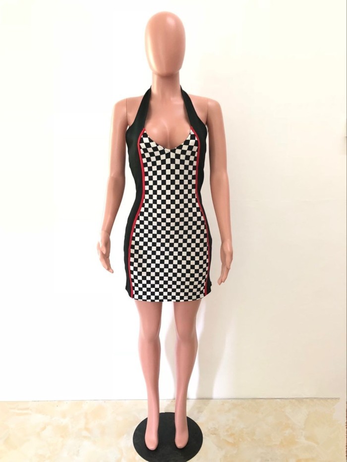 White and Black Print Halter Tank Dress