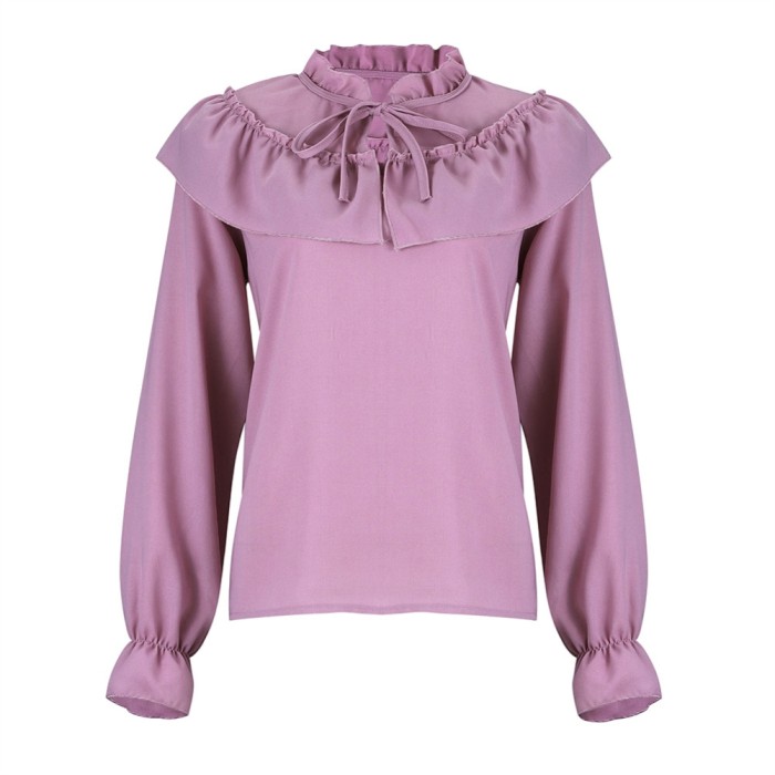 Solid Color Ruffles Vintage Blouse with Sleeves