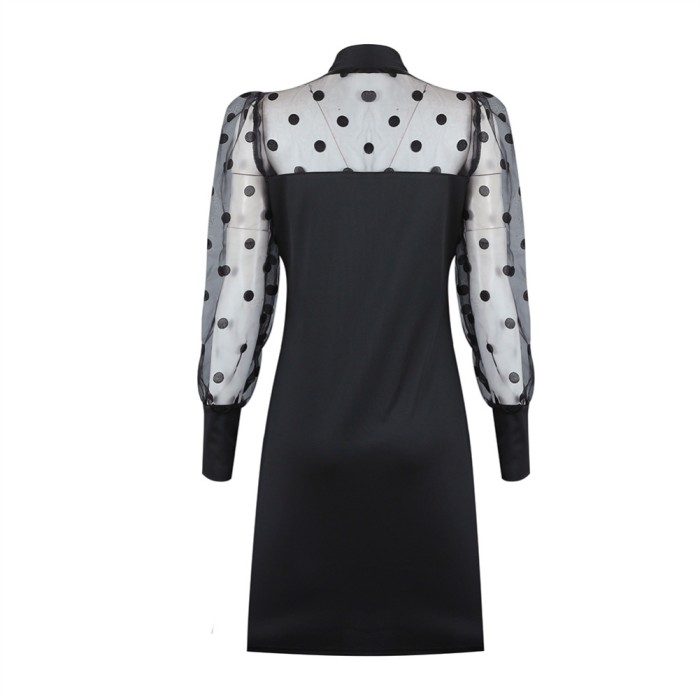 Black Polka Print Long Sleeve A-Line Dress