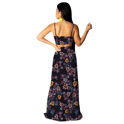 Floral Straps Crop Top and Slit Maxi Skirt