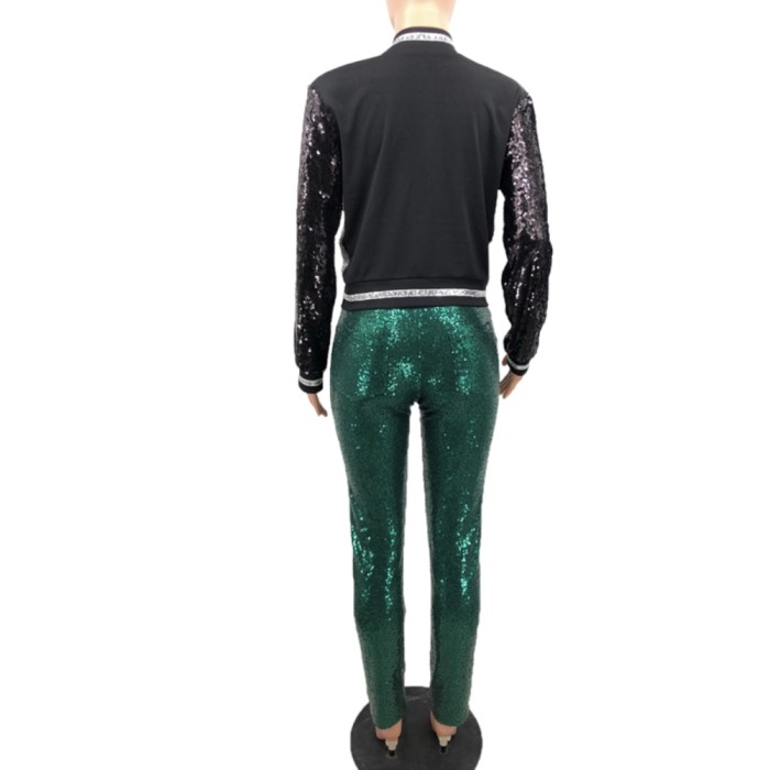Color Block Sequins Zipper Jacket
