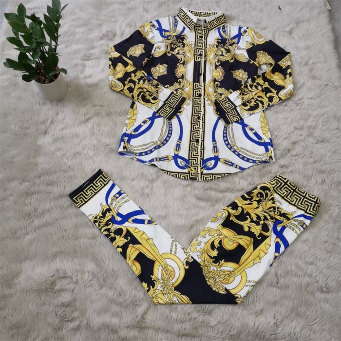 Print Retro African Long Sleeve Top and Pants Set
