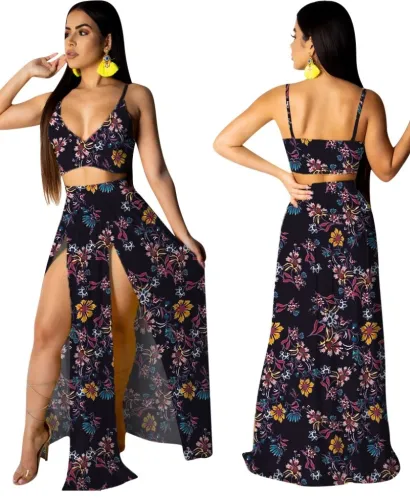 Floral Straps Crop Top and Slit Maxi Skirt