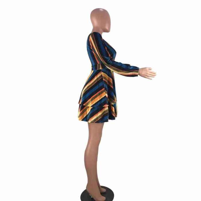 Striped Print Colorful Long Sleeve Wrap Dress