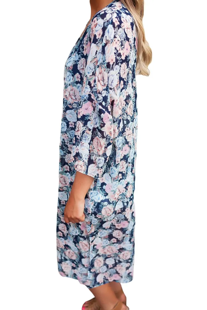Dark Blue Floral Side Slit Boho Kimono