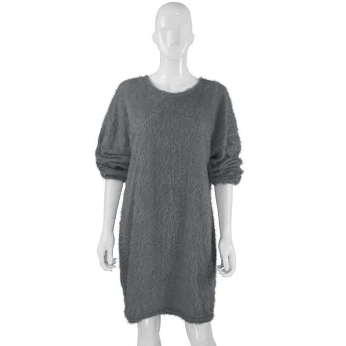 Solid Color O-Neck Long Sleeve Plush Dress