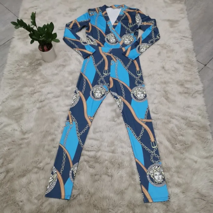 Print Long Sleeve Wrapped Bodycon Jumpsuit