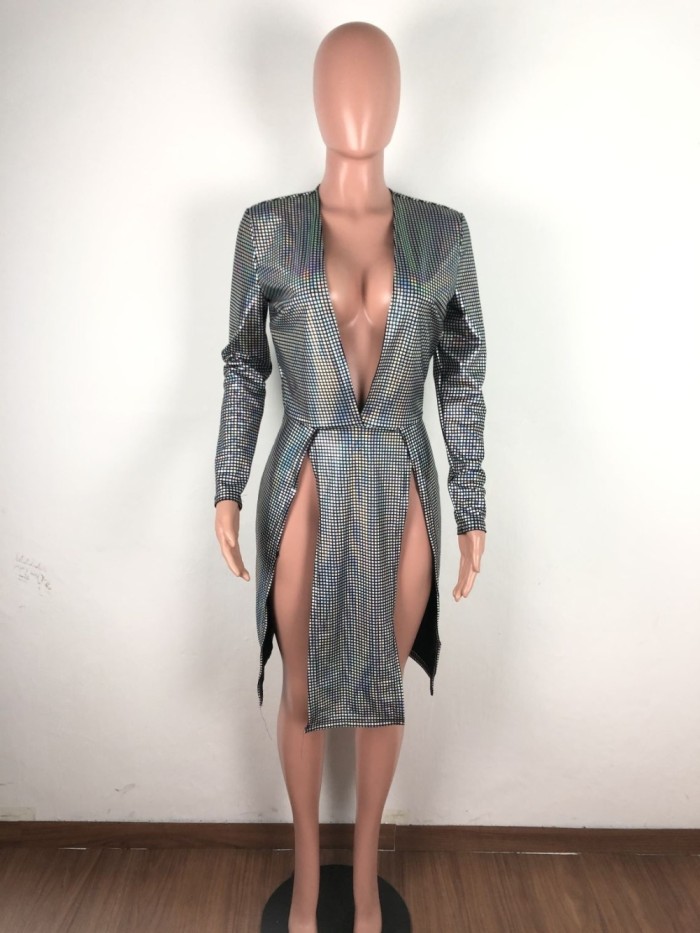 Deep-V Sequins Slit Long Sleeve Club Dress