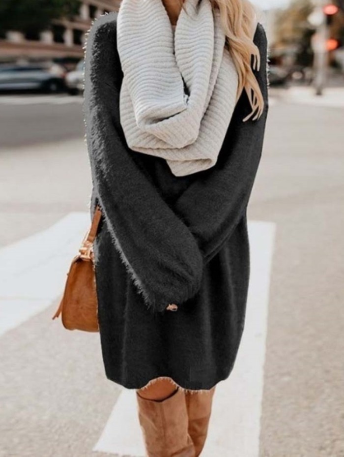 Solid Color O-Neck Long Sleeve Plush Dress