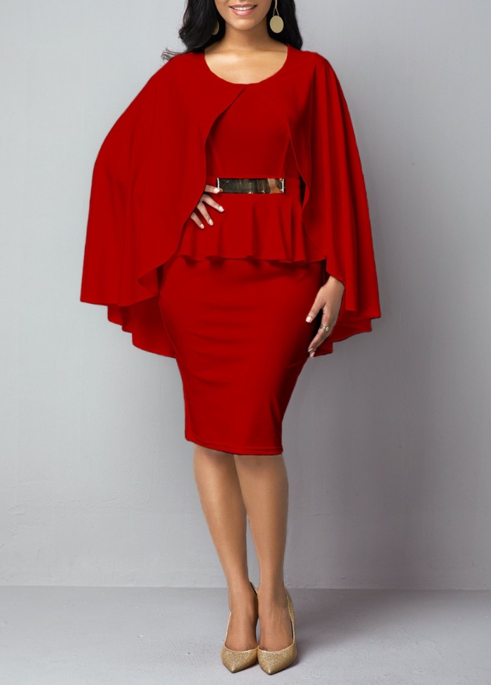 Occassional Knee-Length Peplum Cape Dress