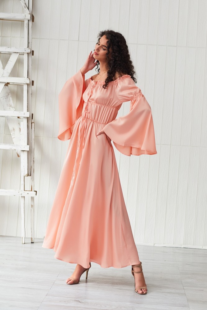 Summer Off Shoulder Slit Long Dress with Wide Sleeves