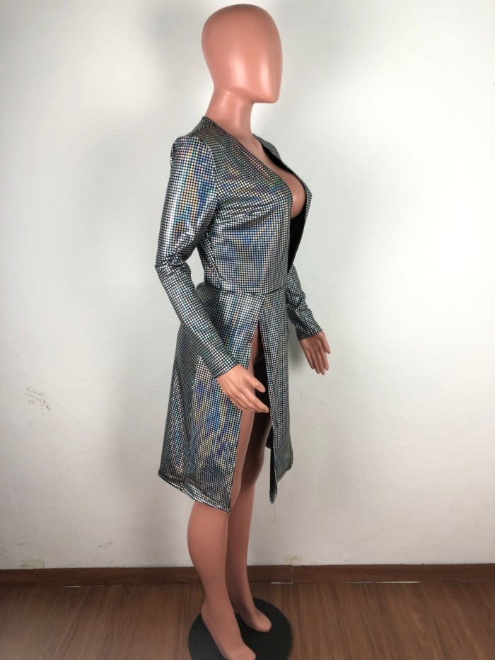Deep-V Sequins Slit Long Sleeve Club Dress