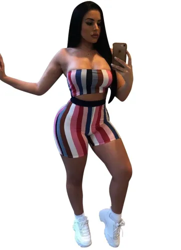 Wide Stripped Colorful Bandeau Top and Shorts