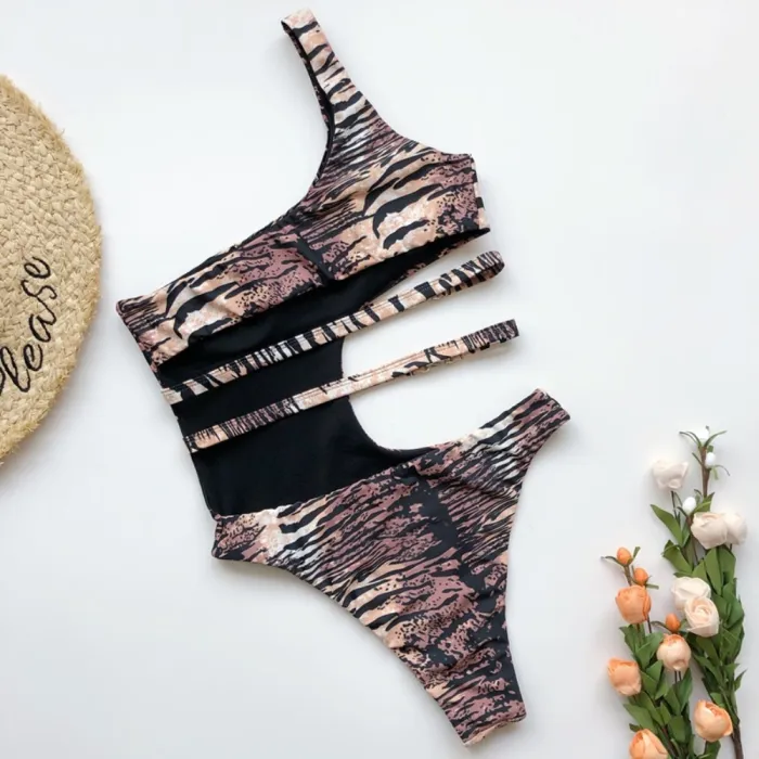 Print One Shoulder Cut Out Sexy Swimwear