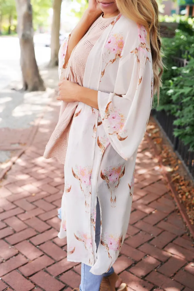 White Floral Side Slit Boho Kimono
