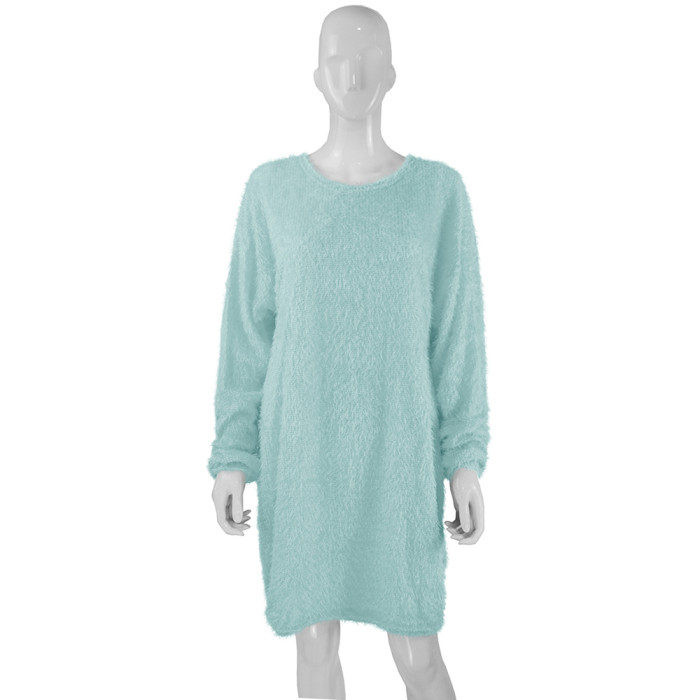 Solid Color O-Neck Long Sleeve Plush Dress