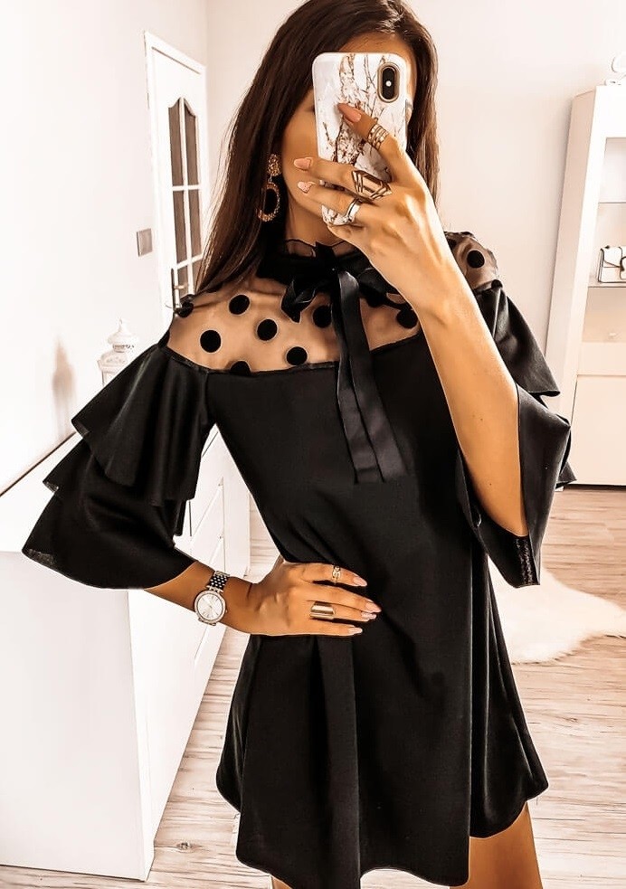 Mesh Upper A-Line Dress with Layer Sleeves