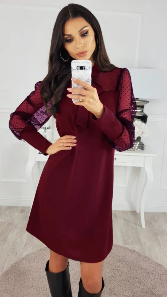 Red Polka Print Long Sleeve A-Line Dress