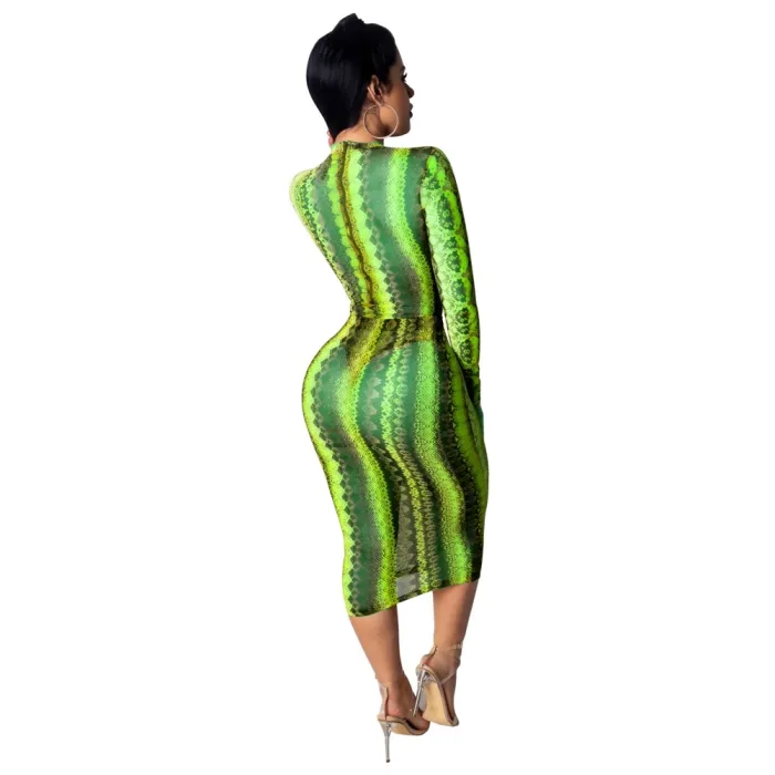 Sexy See Through Print Midi Dress with Sleeves
