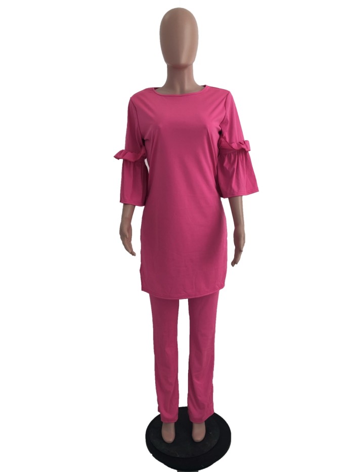 Sheer Slit Long Shirt and Pants Set