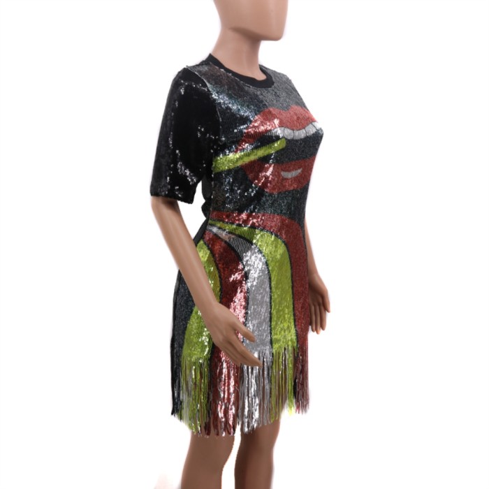 Sequins Colorful Round Neck Fringe Shirt Dress