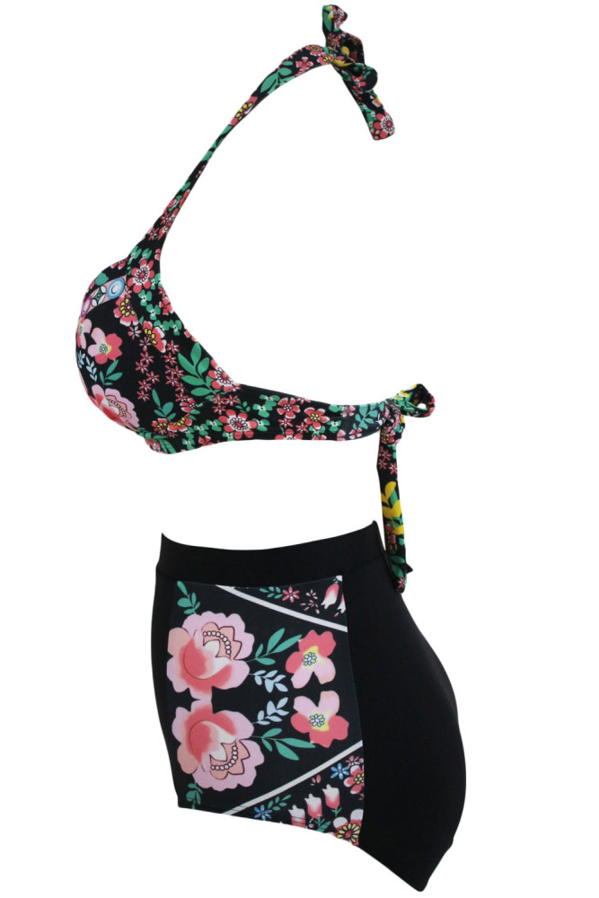 Vintage Floral Print Black High-Waisted Bikini