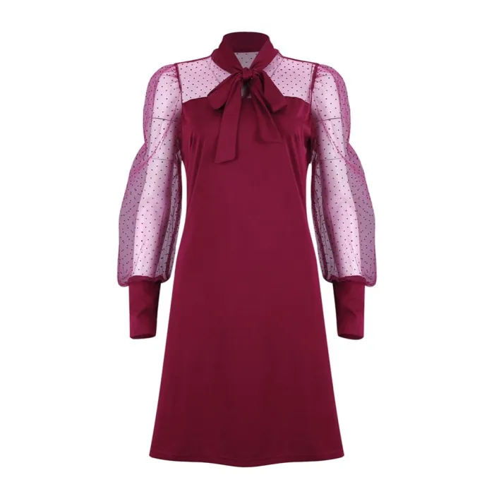 Red Polka Print Long Sleeve A-Line Dress