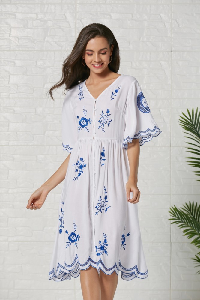 Summer White and Blue Flower Long Dress