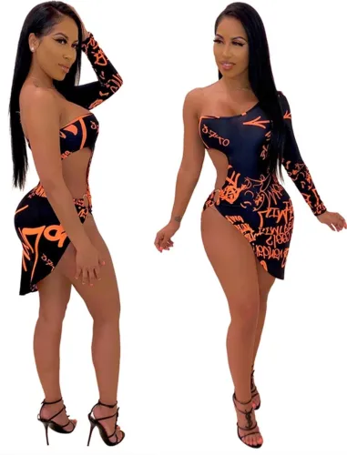 Sexy Print Cut Out Irregular Party Dress