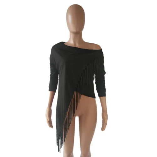 Black Bat Sleeving Fringe Wrap Top
