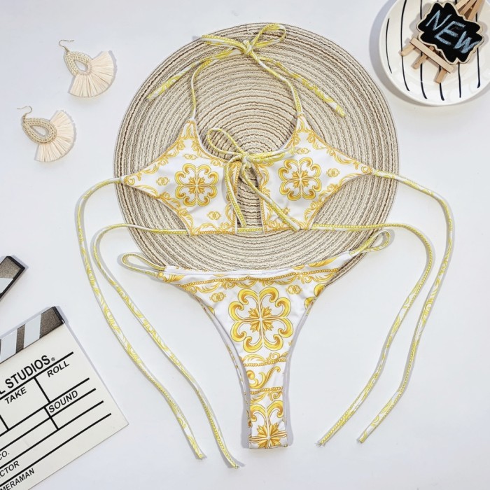 Print Retro Two Piece Halter Swimwear
