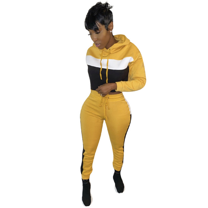 Color Block Long Sleeve Crop Top and Pants Set