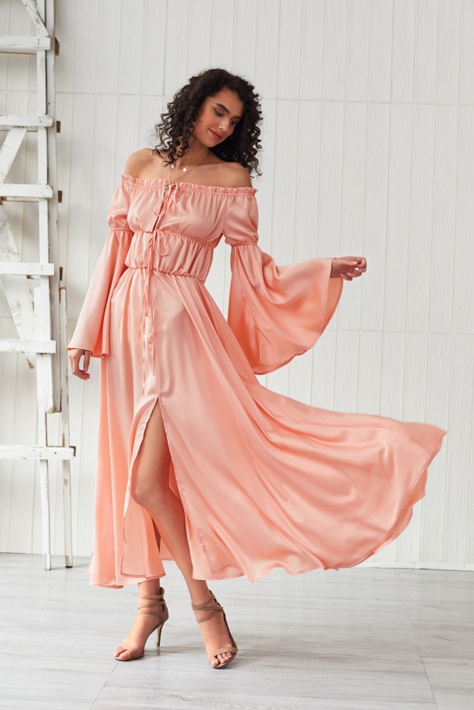 Summer Off Shoulder Slit Long Dress with Wide Sleeves
