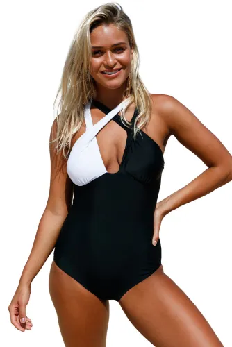 Black White Double Cross Strap One Piece Swimsuit