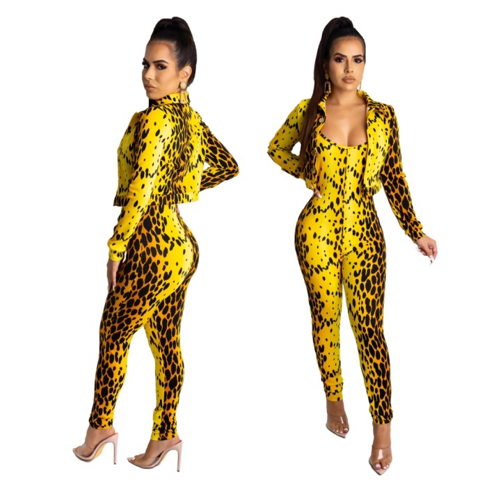 Print Sexy Bodycon Jumpsuit with Matching Coat