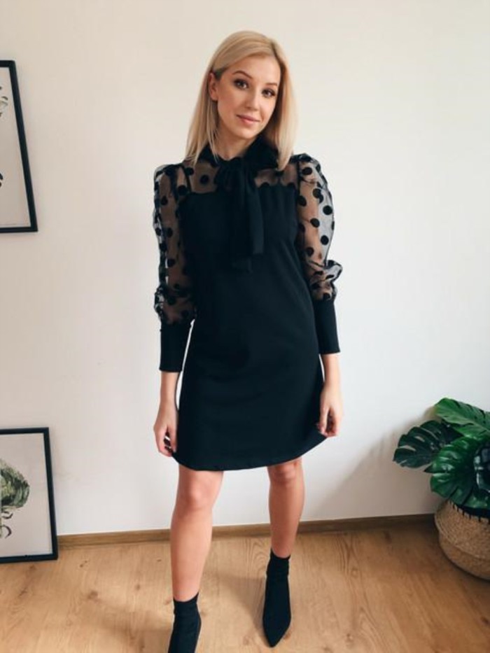 Black Polka Print Long Sleeve A-Line Dress