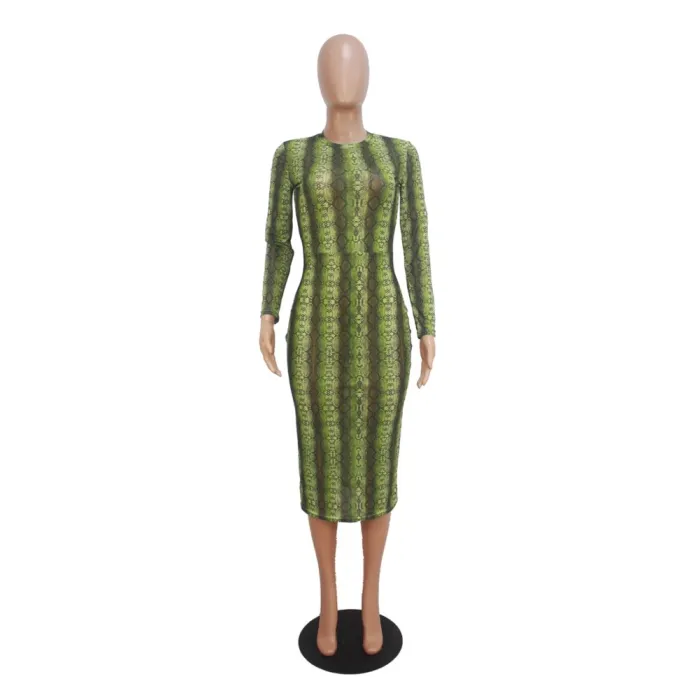 Sexy See Through Print Midi Dress with Sleeves