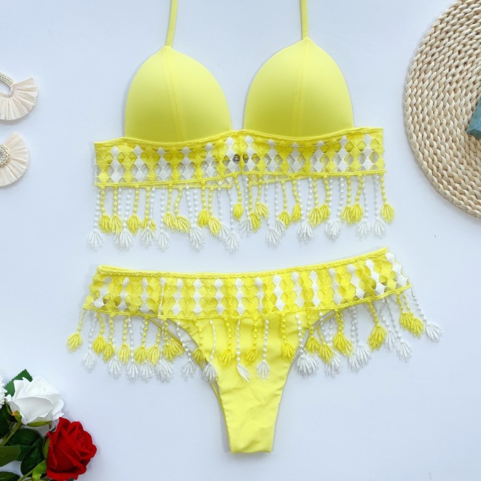 Sexy Hollow Out Tassels Halter Swimwear
