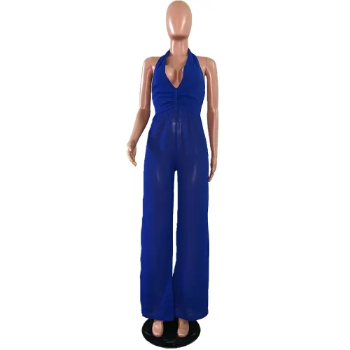 Sexy Blue Halter V-Neck Jumpsuit
