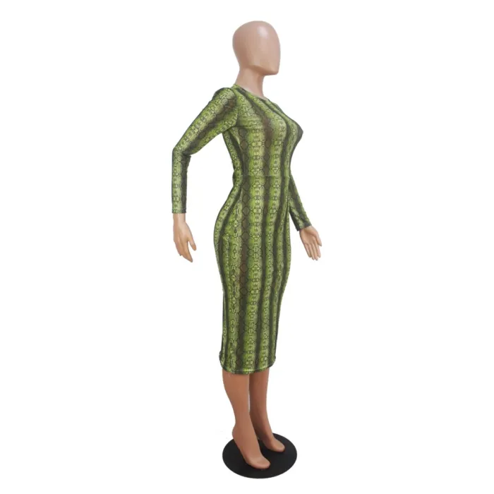 Sexy See Through Print Midi Dress with Sleeves