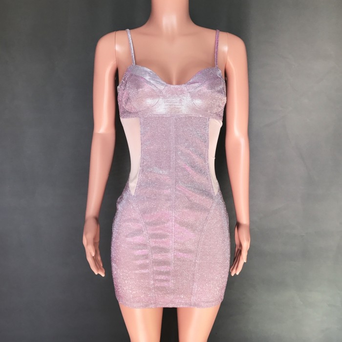 Sexy Shiny Pink Straps Mini Dress
