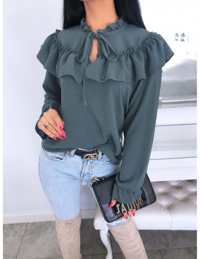 Solid Color Ruffles Vintage Blouse with Sleeves