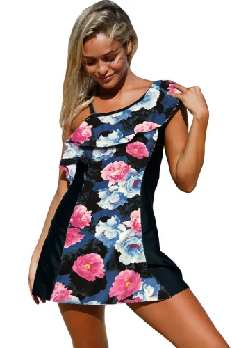 Chic Floral Print 1pc Swim Dress with Shorts