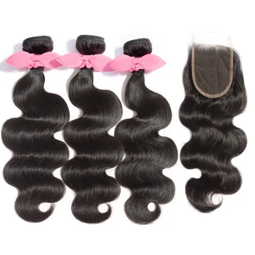 【Platinum 7A】3 Bundles Body Wavy Brazilian Virgin Hair 300g With 4*4 Body Wavy Free Part Lace Closure